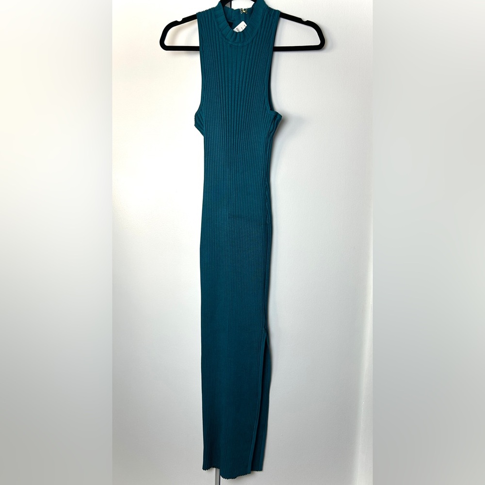 Bebe Sydney Ribbed Mock Neck Maxi Dress in Blue Jade NWT